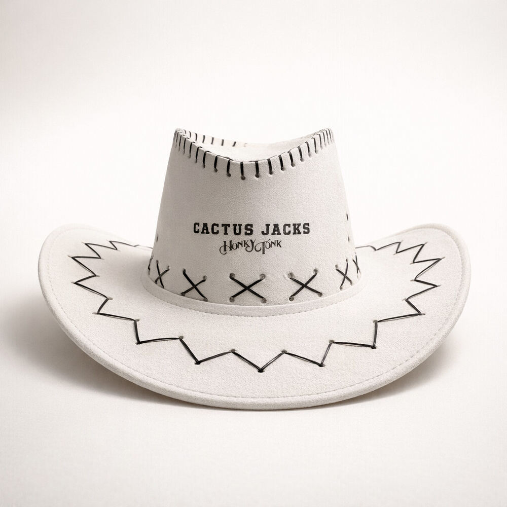 White suede cowboy hat printed with the Cactus Jacks Honky Tonk logo