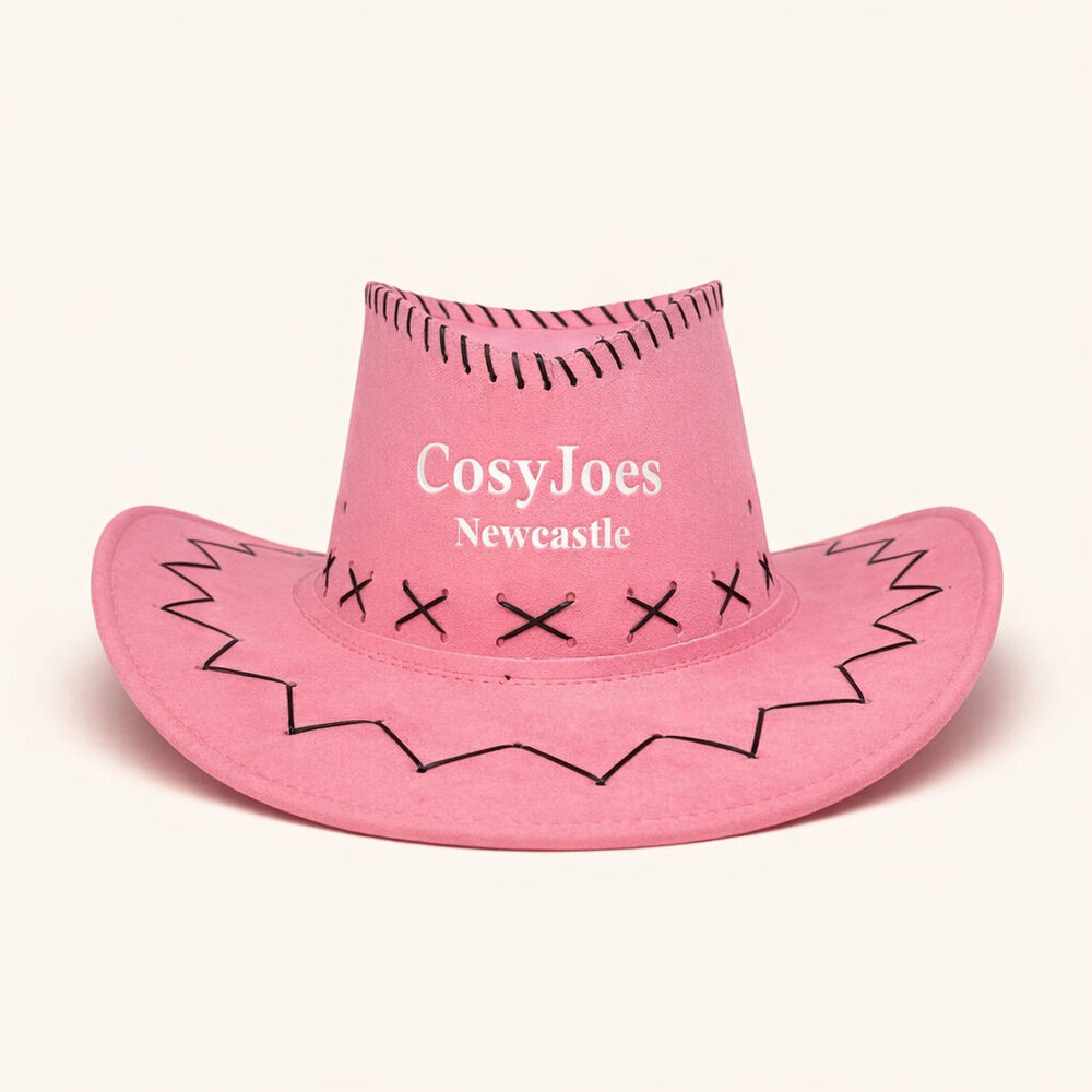 Pink suede cowboy hat printed with the Cosy Joes Newcastle logo