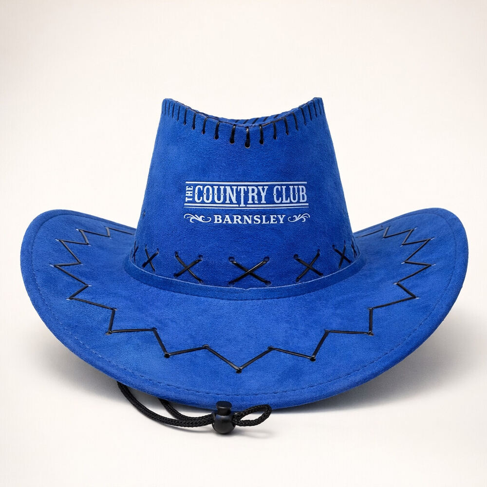 Blue suede cowboy hat printed with The Country Club Barnsley logo