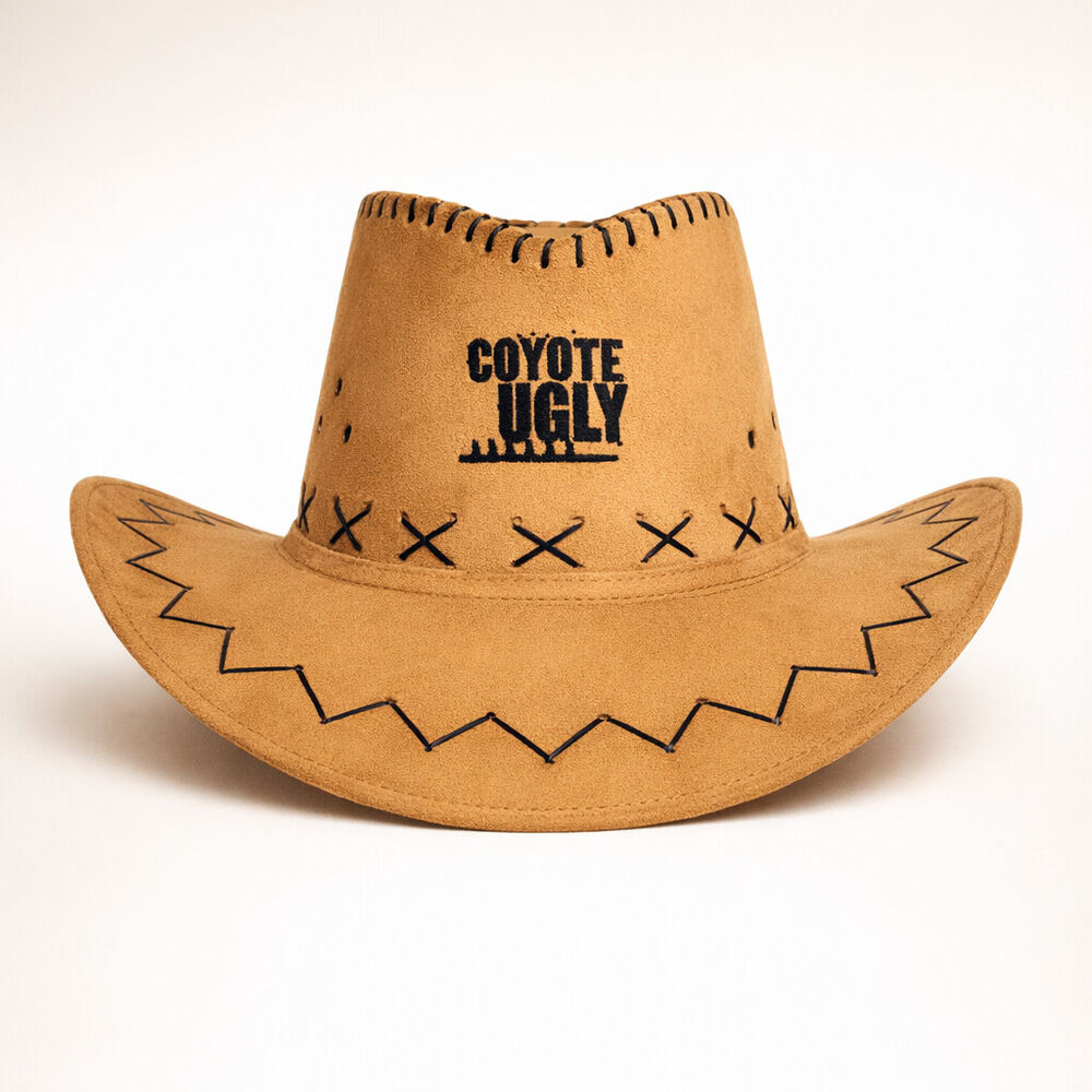 Tan suede cowboy hat printed with the Coyote Ugly Saloon logo