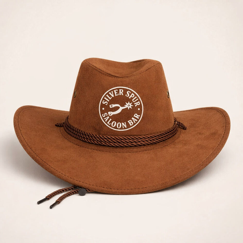 Brown suede cowboy hat printed with the Silver Spur Saloon Bar logo